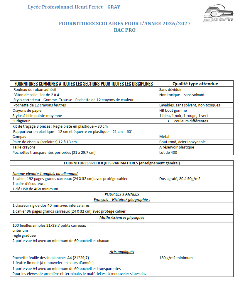 FOURNITURES SCOLAIRES bac pro 2026